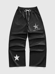 ROMWE MEN Street Life 男士休闲星形印花运动裤，学院风街头时尚，秋冬款 - 黑色 - 查看 1