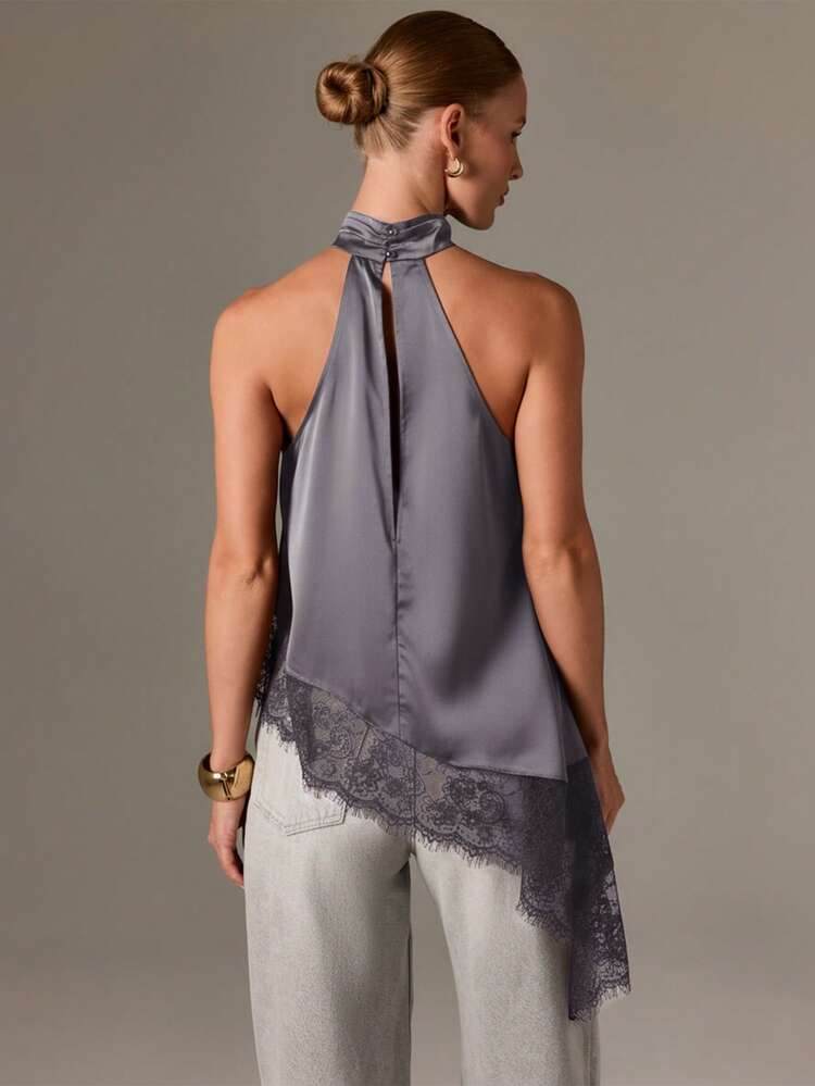 High Neck Satin Top With Lace Hem