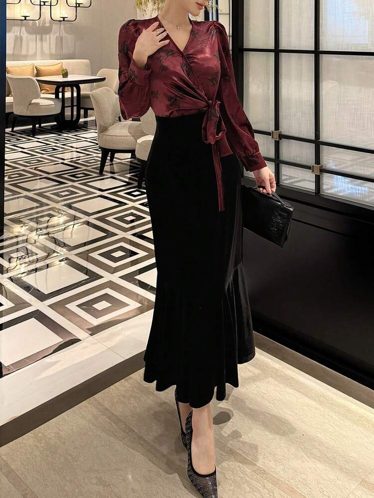 Women's Floral Print Wrap Tie Bubble Sleeve Elegant Dress Maxi Dress