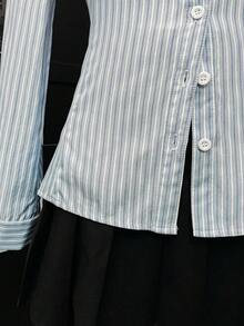 Flirla Women's Sexy Fashionable Multi-Functional Office V-Neck Pleated Slim Fit Blouse - Blue and White - View 7