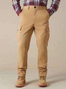 Manfinity Nomadique 男士卡其色刺绣休闲直筒斜纹布裤 米色男士长裤 男士卡其裤 男士工装运动裤 男士工装裤 工装裤 复古风格，适合日常休闲、周末旅行、户外活动、探险旅行、轻松的工作环境或半正式场合，可作为男友/丈夫礼物、周年纪念/生日礼物、派对、圣诞节、新年、婚礼礼物 - 卡其色 - 查看 3