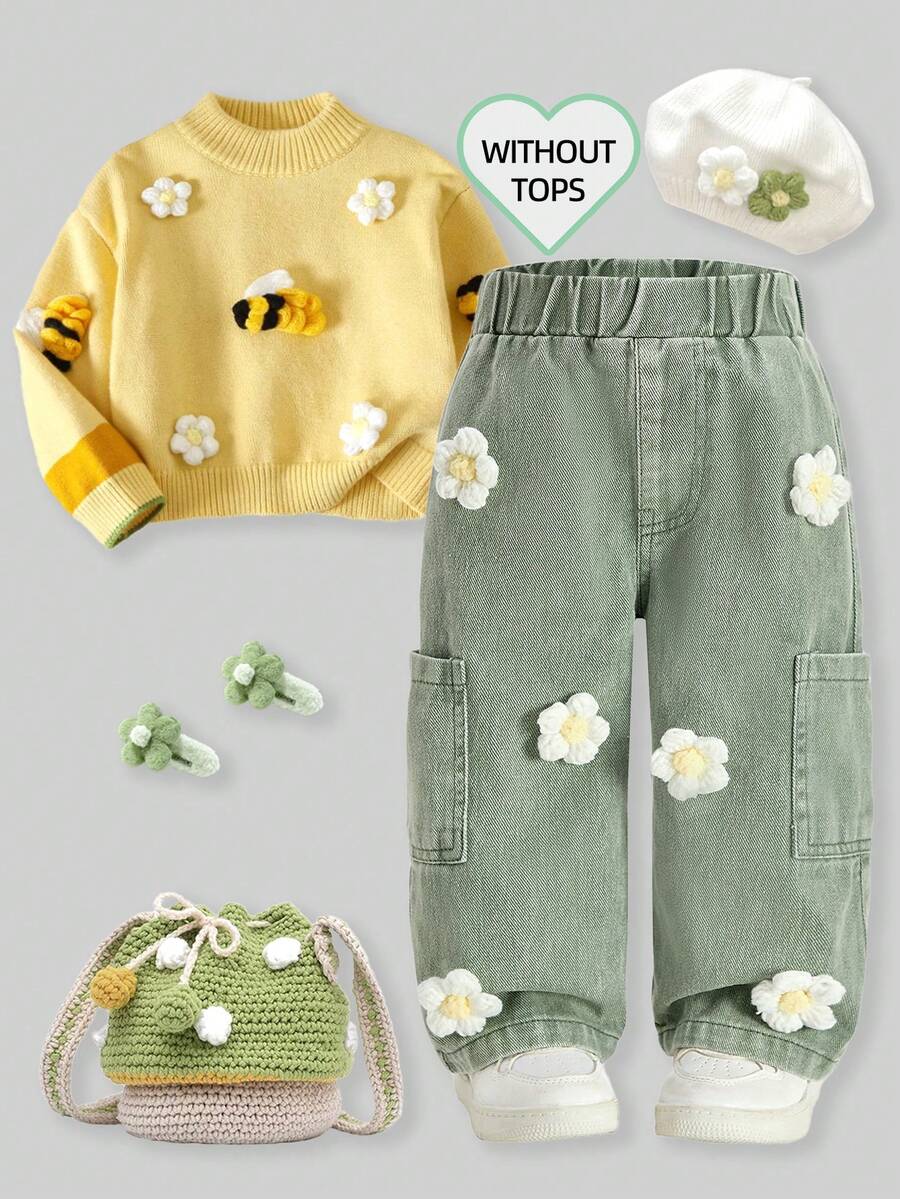 SHEIN Baby/Infant Girls' Fashion Snowflake Distressed Embroidered Flare Pants - Mint Green - View 1