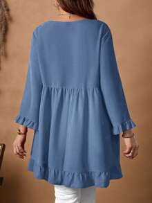 EMERY ROSE Bluzka damska w dużym rozmiarze, jednokolorowa, z okrągłym dekoltem i długim rękawem, z falbaną u dołu