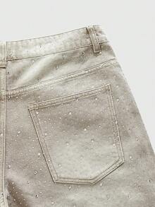 ROMWE MEN Street Life Men's Pearl & Diamond Embellished Loose Denim Shorts - Khaki - View 5
