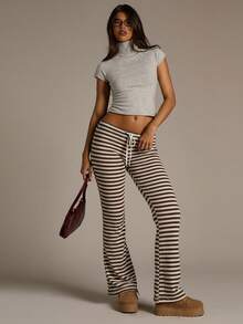 Aloruh Women's New Brown & White Striped Knit Low-Waist Pants - Autumn/Winter Vacation & Beach Style Breathable, Elegant, And Versatile For Casual Daily Wear, Commuting, Home, Layering, Dates, And Holiday Getaways. Perfect For Fall And Winter Lounging Or Seaside Walks.,Fall,Fall Clothes For Women,Women's Winter Clothes - Multicolor - View 6