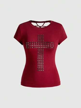 Grunge Punk Y2K Punk Cross Rivet Design Laser Cut-Out Back Slim Fit Solid Color Versatile T-Shirt