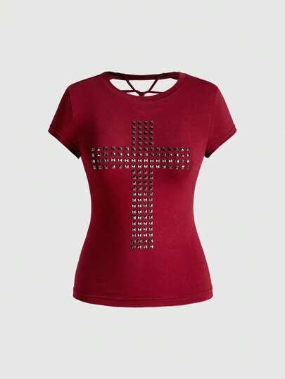Grunge Punk Y2K Punk Cross Rivet Design Laser Cut-Out Back Slim Fit Solid Color Versatile T-Shirt