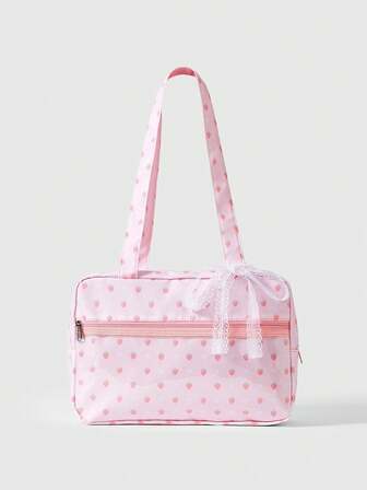 Anime 1 pieza Bolso de mano de mujer con estampado de lunares, parche de corazón con lazo, estilo pop art. Bolso de hombro transparente de segunda generación con notas musicales, adecuado para compras, campus