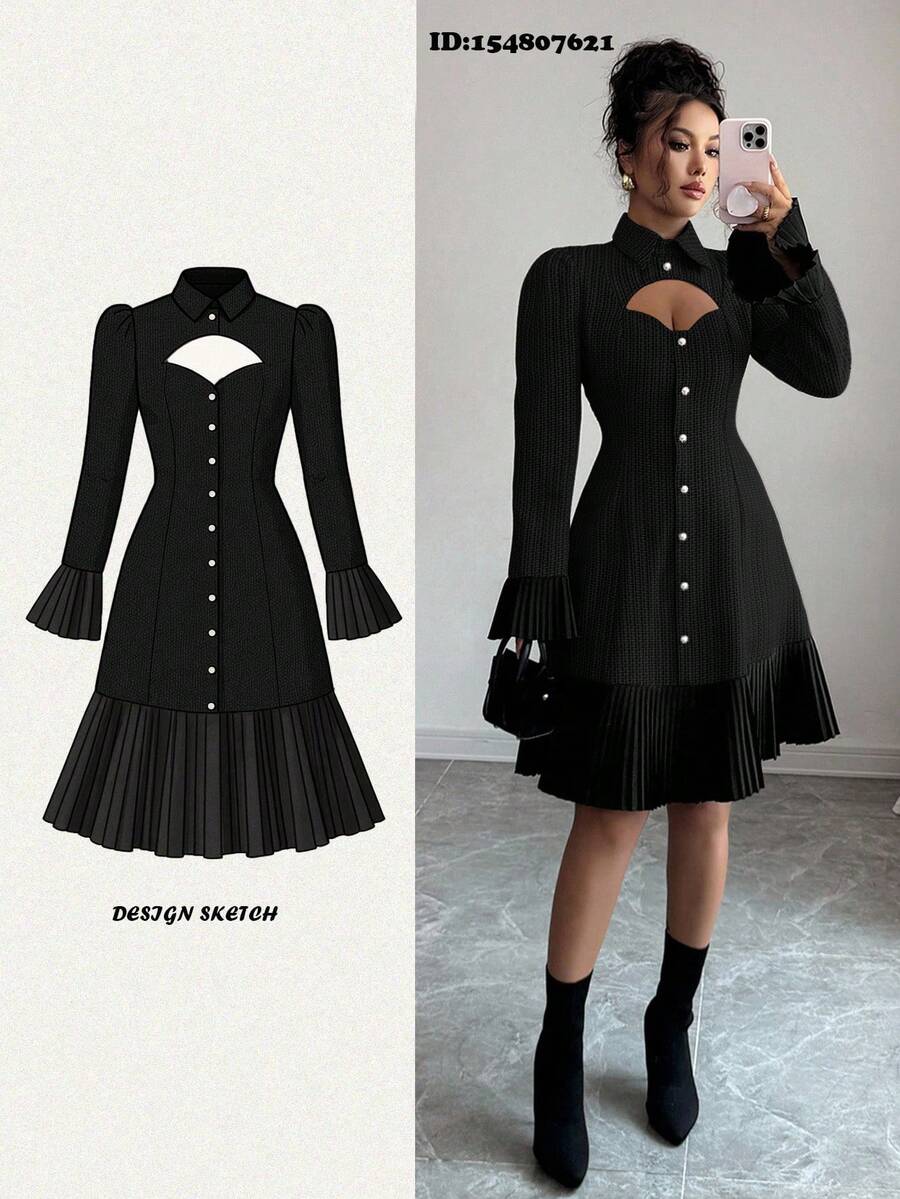 Elenzga Peplum Hem Splice Long Sleeve Short Dress - Black - View 1