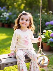 Vintaside Kids 2pcs/Set Apricot Digital Print Rabbit Long Sleeve Top And Floral Rabbit Long Pants Set, Baby/Toddler Girls T-Shirt Outfit