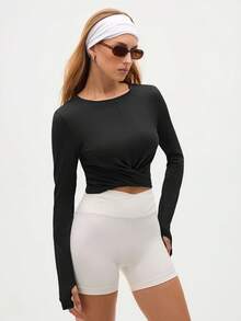 SHEIN Sports 女士纯色圆领长袖交叉下摆短款运动T恤 - 黑色 - 查看 3