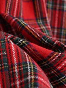 Franclia 休闲时尚百搭弹力腰带棕色皮带，褶裥复古圣诞格子中长裙，女士秋季款 - 紅白色 - 查看 4