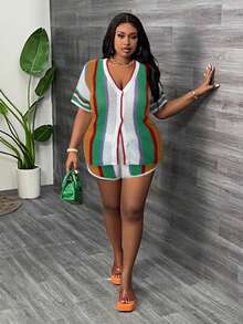 Slaydiva Große Größen V-Ausschnitt Strickjacke Kurzarm Shorts Set, vertikale gestreifte Farbblock, lässiger Urlaubs-Sommer-Strick