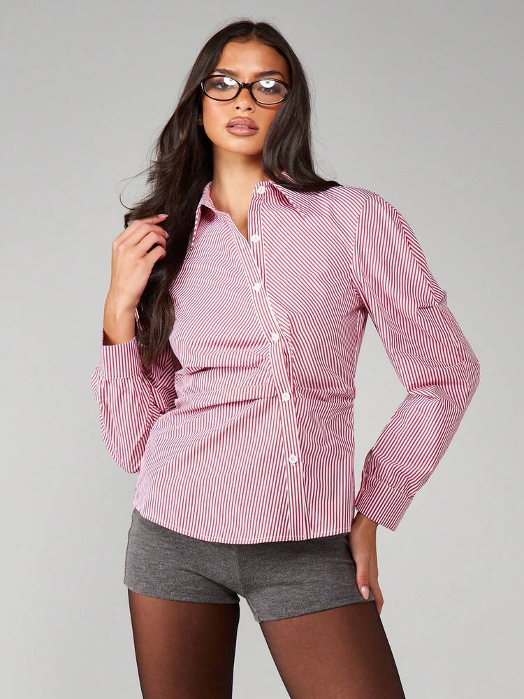 MISSGUIDED Vertical Striped Button Down Collared Blouse With Long Sleeves And Asymmetric Placket Detail