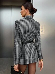 Siren Gaze 女士商务/通勤格纹印花尖领金属腰带双排扣大衣 - 黑與白 - 查看 2