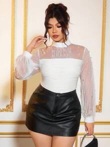 Cravure Blusa Feminina Elegante de Manga Longa Lanterna com Decote Alto, Cintura Marcada, Tecido Leve de Tule com Aplicação de Miçangas, Recortes Assimétricos e Linhas Curvas, Ideal para Passeios, Reuniões e Encontros