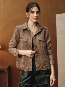 Anewsta 女士优雅派对休闲时尚刺绣设计棕色牛仔衬衫外套，适合春秋季穿着 - 卡其色 - 查看 6