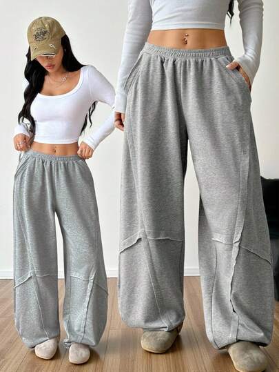 SHEIN EZwear 女式松紧腰口袋阔腿灰色休闲运动裤