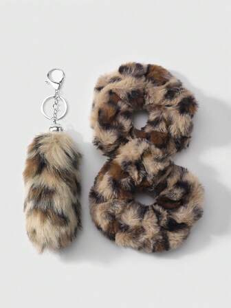 Grunge Punk 1 pieza Llavero y llavero de cola de animal de peluche marrón con estampado de leopardo de alta calidad en estilo retro Y2K, accesorio de moda adecuado para mujeres y niñas, gran idea de regalo