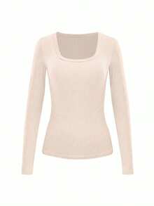 EMERY ROSE Women's Solid Color Scoop Neck Long Sleeve Ribbed Casual T-Shirt - Beige - View 4