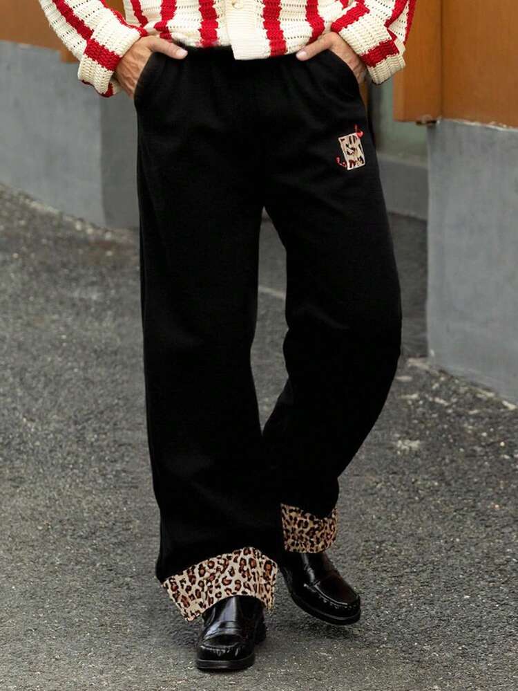 Men's Thermal-Lined Sweatpants With Letter Pattern Jacquard Knit Cuffs, Suitable For Autumn/Winter