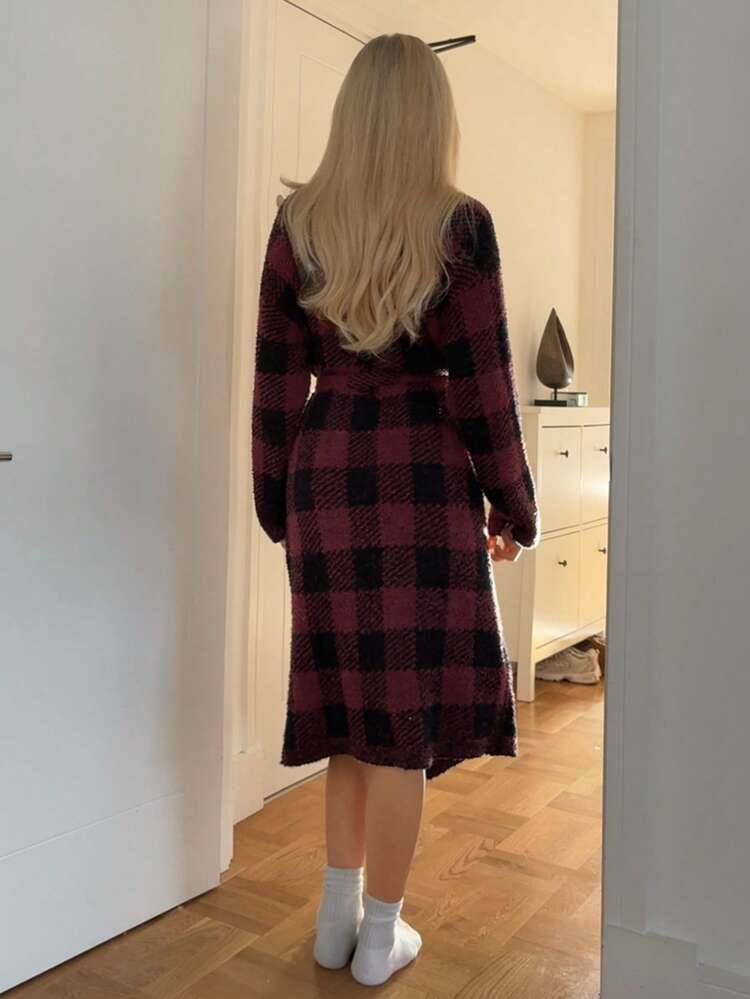Women's Long Plaid Jacquard Knit Robe, Winter New Year