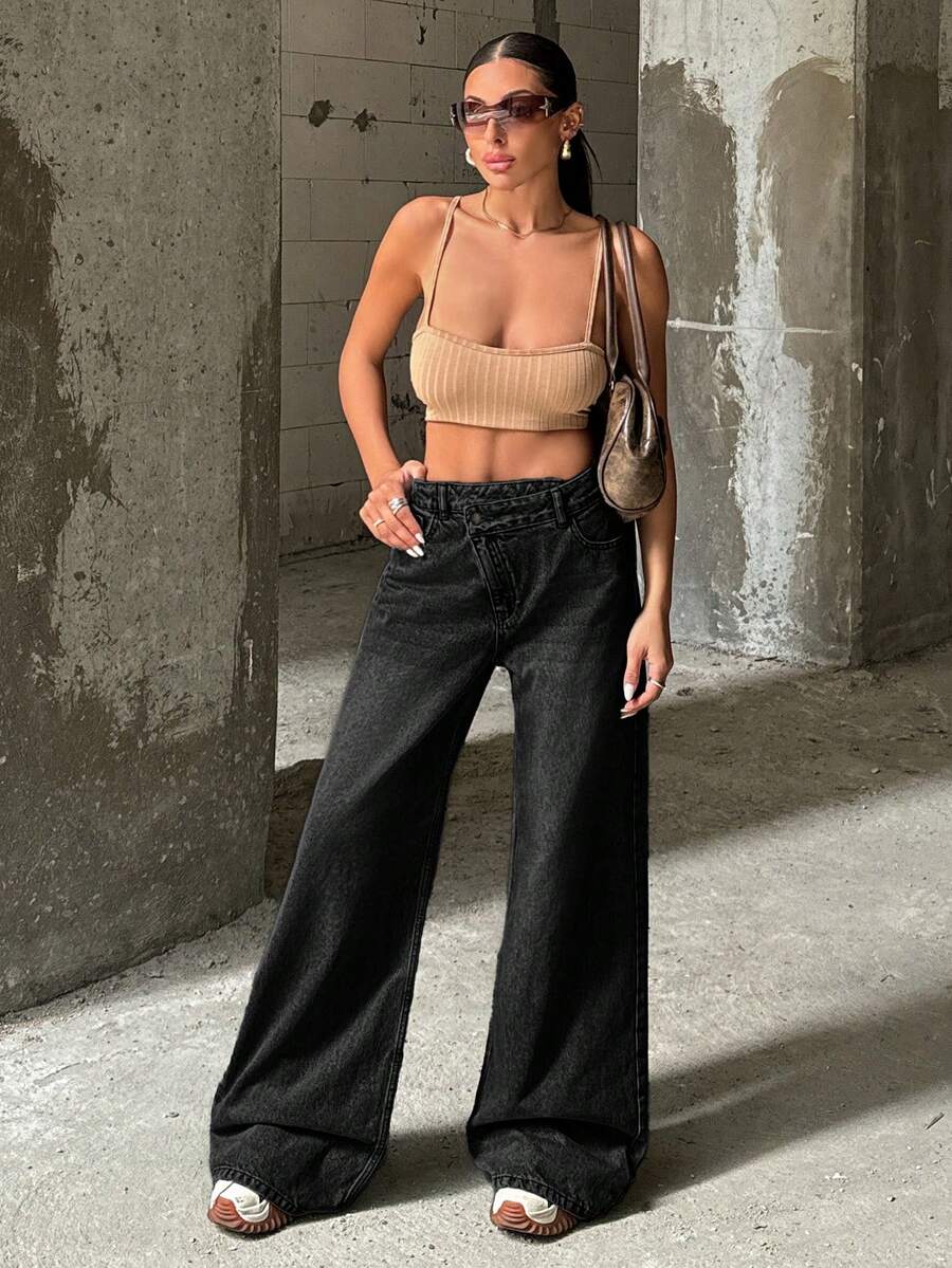 EURMUSE RueChic VINTAGE WASH HIGH WAIST WIDE LEG CUT ASYMMETRIC BELT DETAIL - Black - View 1