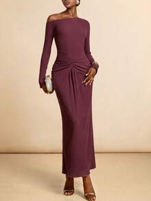 Vesra Robe longue élégante à fronces de couleur unie avec épaule asymétrique pour femmes - Tabac - Voir 4