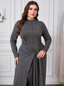 Modelyn Plus Size Women Elegant Fitted Knit Textured Tie Front Crew Neck Long Sleeve Dress, Autumn/Winter