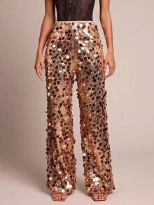 SHEIN Glamour 香槟色亮片直筒裤，优雅迷人，适合外出约会、圣诞节、新年夜、派对等场合，尽显女性优雅气质。 - 香檳色 - 查看 2