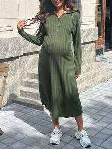 SHEIN 纯色落肩长袖纽扣连帽休闲孕妇连衣裙 - 軍綠色 - 查看 6