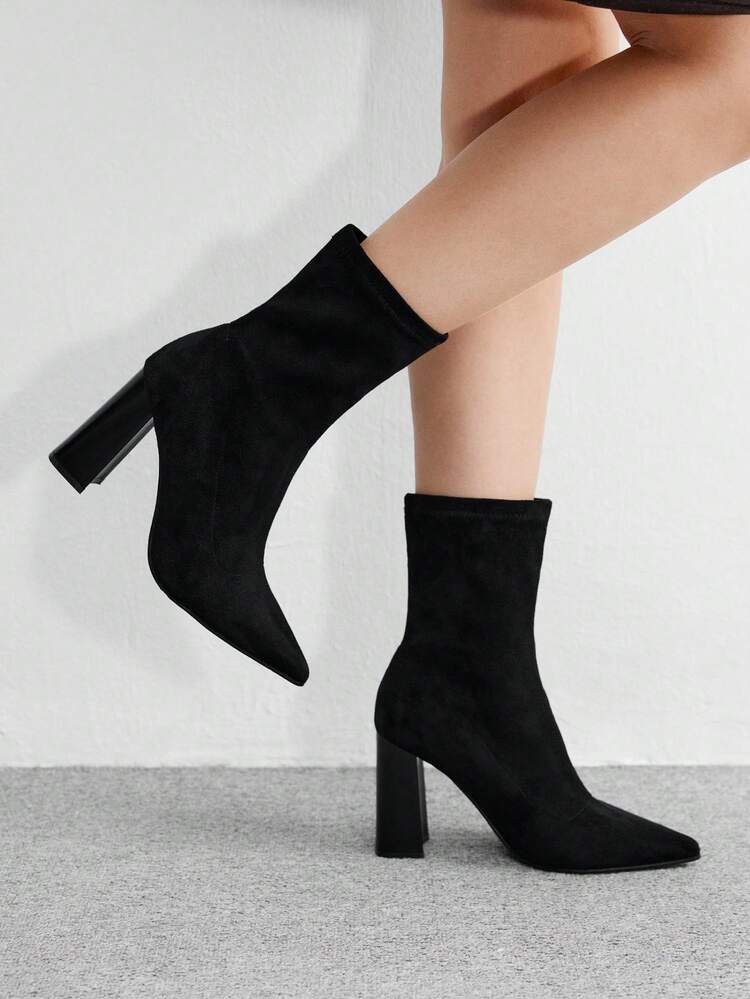 CUCCOO BIZCHIC Women's Fashion Pointed Toe Chunky High Heel Black Suede Pull-On Ankle Boots, Versatile For Daily, Commute, Work, Shopping For Christmas