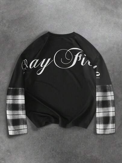 PAVTROS 男士休闲印花圆领长袖T恤 男士Y2K服装 男士短款法兰绒衬衫 男士卫衣 男士图案衬衫 男士短款图案衬衫