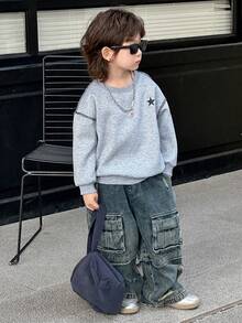 DAZY Young Boy Pentagram Print Loose Fit Crew Neck Drop Shoulder Long Sleeve Sweatshirt - Grey - View 3