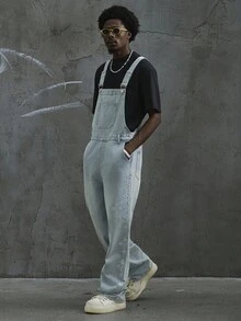 Manfinity EMRG Men's Casual Washed Cross Rhinestone Decor Denim Bib Overalls Boyfriend & Husband Comfortable Regular Washed Blue OVERSIZE Vacation Party For Cargo Overalls