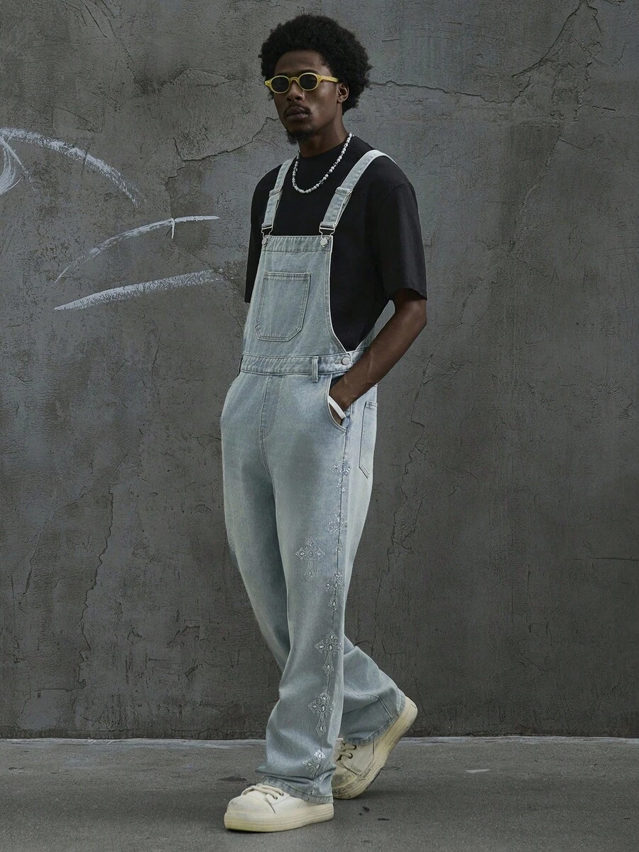 Manfinity EMRG Men's Casual Washed Cross Rhinestone Decor Denim Bib Overalls Boyfriend & Husband Comfortable Regular Washed Blue OVERSIZE Vacation Party For Cargo Overalls