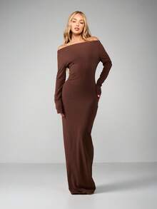 MISSGUIDED Off Shoulder Long Sleeve Ruched Neckline Bodycon Maxi Dress Winter Fall Autumn Elegant Party Evening Occasion Fitted Stretchy Knit Jersey - Coffee - View 1