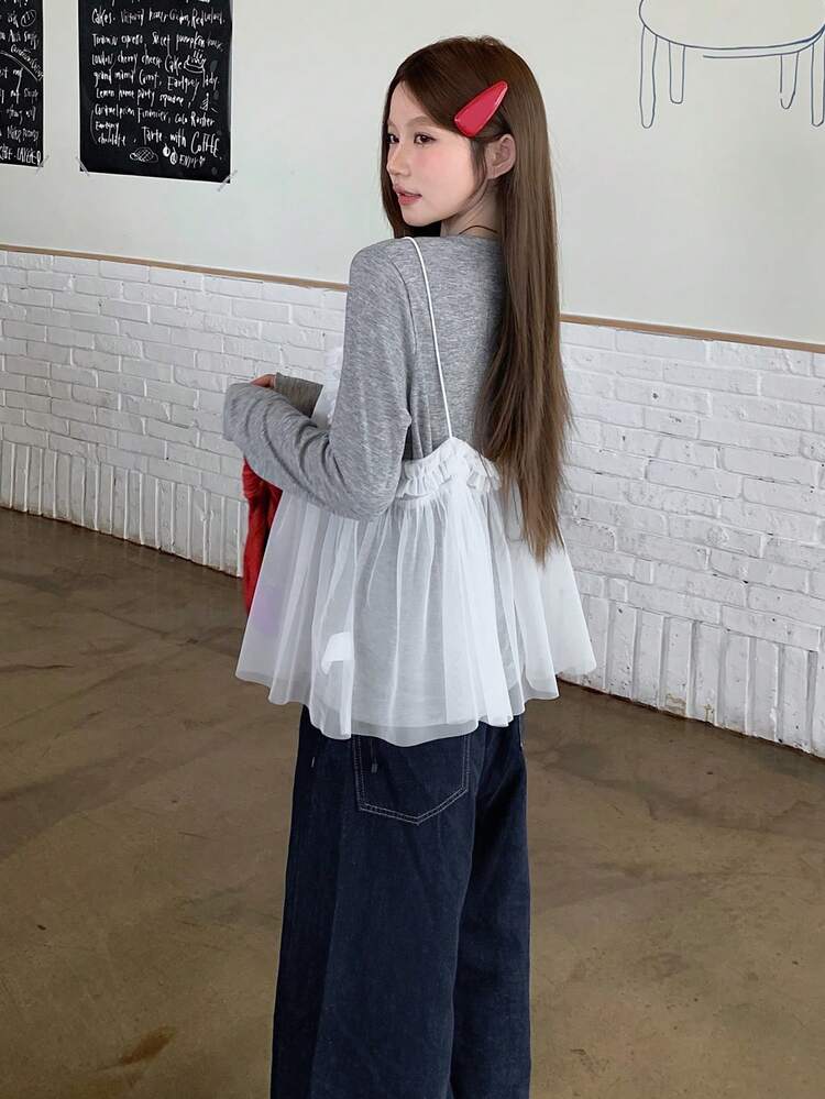 2pcs Women's Mesh Camisole & Long Sleeve 2 In 1 T-Shirt Set