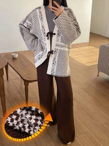 DAZY 2件套女士针织宽松长袖长裤睡衣套装，秋冬季 - 咖啡棕 - 查看 3