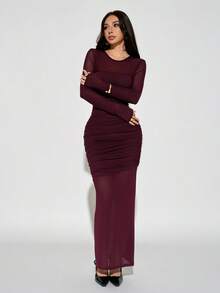 SHEIN PETITE Women's Elegant Burgundy Autumn Evening Dress,Solid Color Round Neck Long Sleeve Pleated Mesh Slim Fit Tight Long Formal Dress For Birthday Party ,Petite Women - Burgundy - View 10