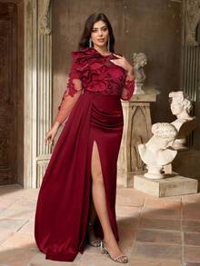 Aureia Gaun Pesta Formal Ukuran Besar Elegan Warna Burgundy, Gaun Pesta Musim Semi Leher Perahu Berhiaskan Manik-manik Bordir Taffeta Ruffle 3D Lengan Panjang Belahan Tinggi Transparan - Burgundy - View 7