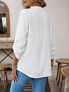 EMERY ROSE Women's V-Neck Plain Textured Fabric Casual Summer Shirt White V Neck Blouse Women  Blouses For Women Linen Blouses For Women Women White Blouse  Tops For Women FALL Women Clothes Business Casual Woman  Button Up Shirt Women Button Up Shirt - White - View 2