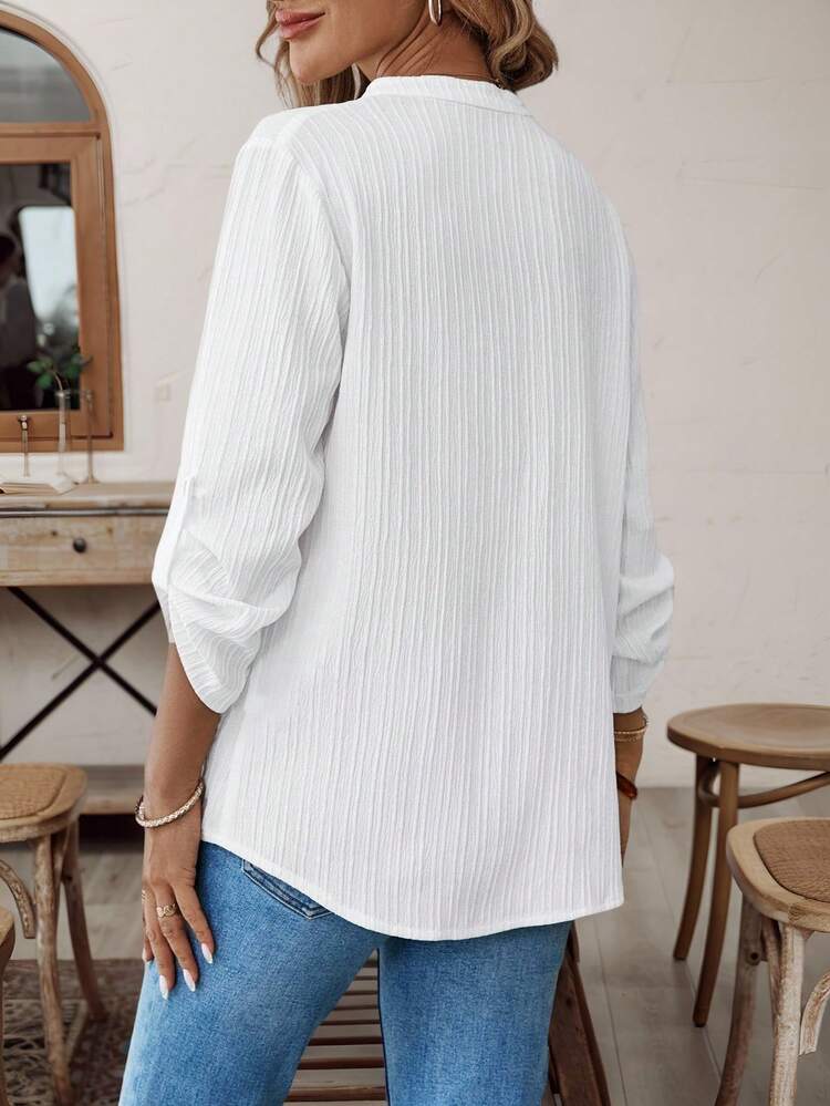 Women's V-Neck Plain Textured Fabric Casual Summer Shirt White V Neck Blouse Women  Blouses For Women Linen Blouses For Women Women White Blouse  Tops For Women FALL Women Clothes Business Casual Woman  Button Up Shirt Women Button Up Shirt