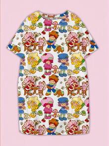 Strawberry Shortcake X SHEIN Plus Size Women's Cute All-Over Print Loose Fit Drop Shoulder Nightgown, Summer Kawaii Pajamas Cartoon Pajamas Women Plus Size Kawaii Moo Moo Night Gown - White - View 7