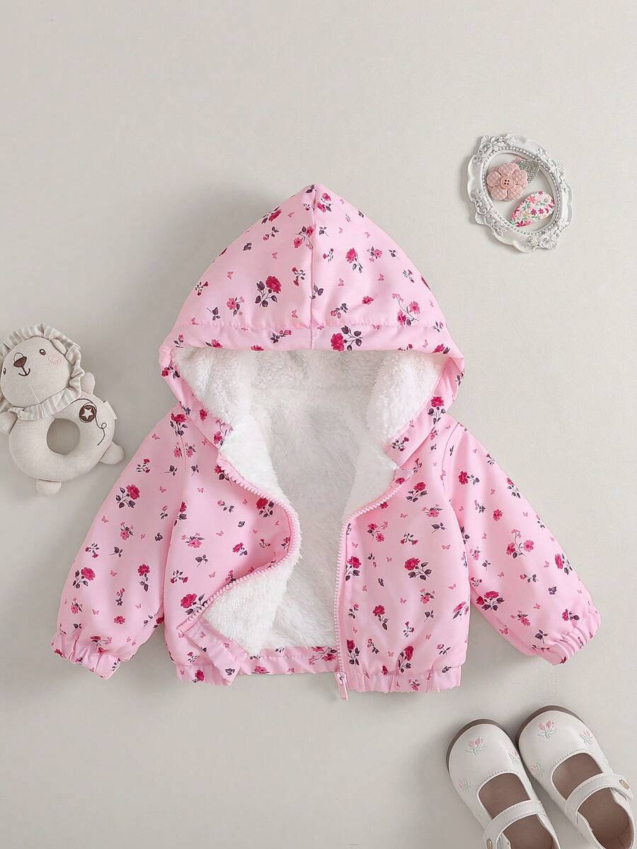 SHEIN 1件女婴连帽毛绒碎花外套,保暖加厚内衬休闲碎花拉链外套,适合秋冬季日常穿着 - 粉色 - 查看 1
