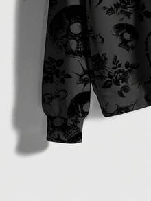 ROMWE Grunge Punk Plus Size Vintage Street Style Skull, Thorn, Dark Plant Palm Print Plus Size Gothic Sweatshirt