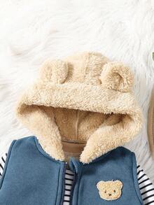 SHEIN Playful Pals 男婴三件套：条纹圆领长袖内衣、小熊图案拉链连帽背心外套和纯色小熊图案腰带裤，舒适百搭，适合秋、春、冬三季穿着，室内外皆宜。 - 藍色 - 查看 8