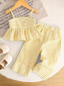 女婴休闲度假时尚修身舒适棉质梭织黄色条纹吊带背心拼接荷叶边下摆上衣和阔腿裤套装 - 黃色 - 查看 2