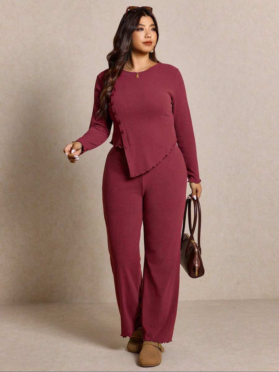 Elaquor 2pcs/Set Women Plus Size Casual Solid Color Long Sleeve Top And Pants - Burgundy - View 1