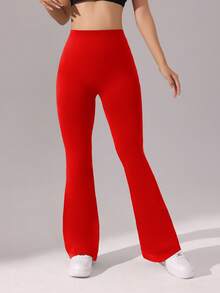 SHEIN Sports Women's Solid Color High Waist Ruched Flare Pants - Red - View 3